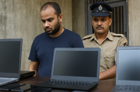 IPTV-Piraterie Indien: Festnahme wegen illegalem IPTV-Streaming - Beschuldigter neben beschlagnahmten Geräten