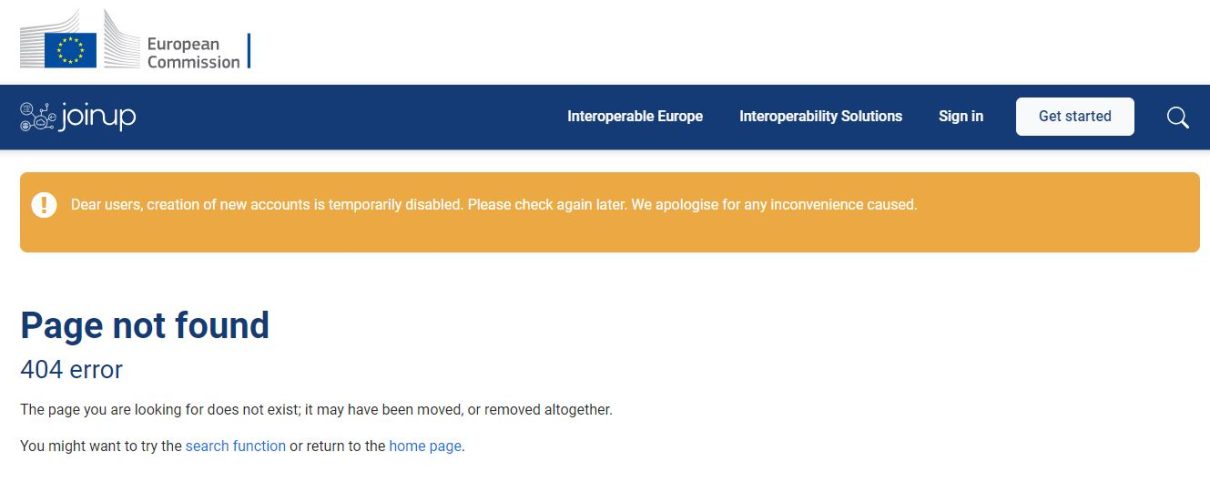404-Error im Joinup-Portal auf der EU-Webseite
