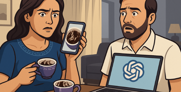 Ein Moment zwischen Aberglaube und Technologie: Eine Frau vertraut auf die Kaffeesatz-Deutung durch Künstliche Intelligenz – mit unerwarteten Folgen für ihre Ehe.