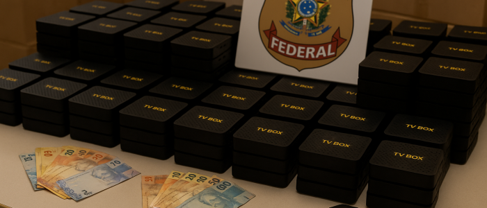Beweismittel der Operation PRAEDO: Beschlagnahmte TV-Boxen, Bargeld und das Emblem der brasilianischen Bundespolizei nach dem Schlag gegen ein landesweites IPTV-Piratennetzwerk.