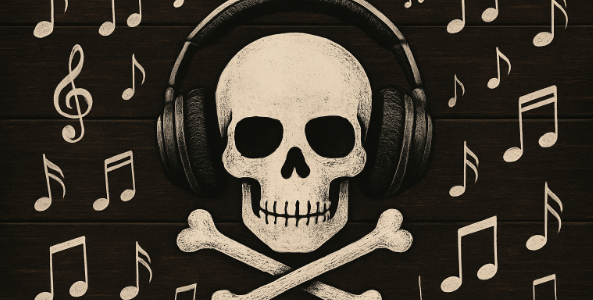 Streamripping reloaded: Wenn der Totenkopf Kopfhörer trägt und Musiknoten tanzen, wird digitale Piraterie zur subversiven Klangkulisse.
