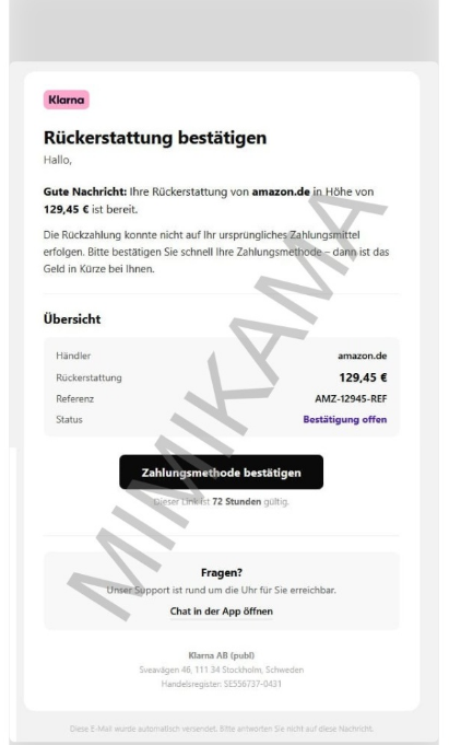 Mimikama zeigt eine gefälschte Klarna-E-Mail mit einer angeblichen Amazon-Rückerstattung über 129,45 Euro und Aufforderung zur Bestätigung der Zahlungsmethode.