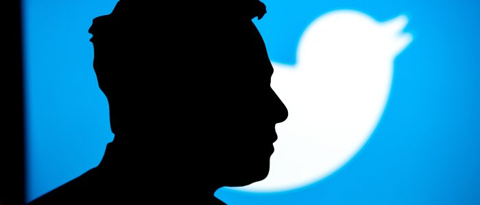 Silhouette von Elon Musk mit Twitter-Logo im Hintergrund