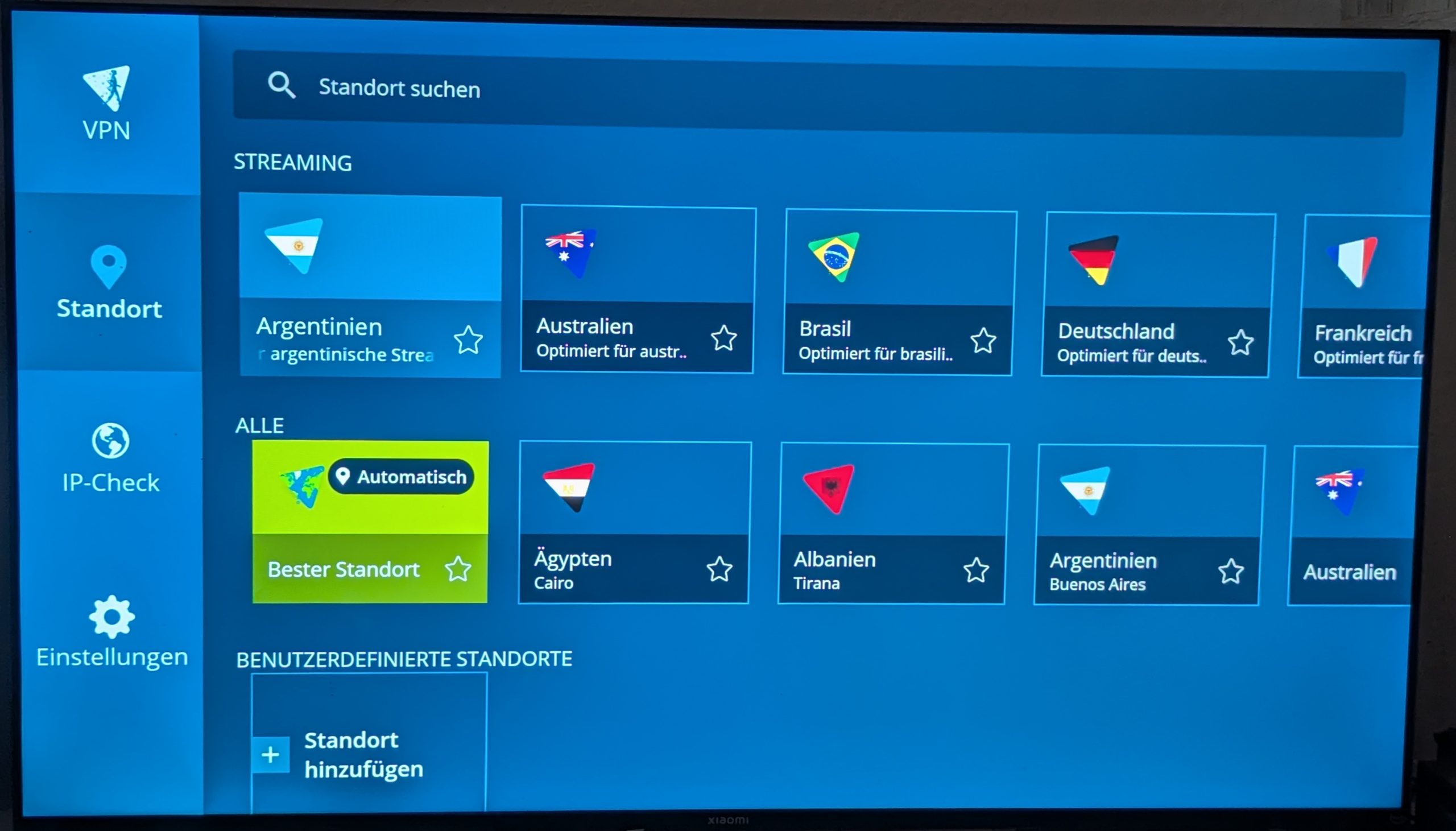 Das Standort Menu des VPN Hide.me auf einem Smart TV