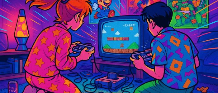 ROM Downloads, zwei Kinder im Spielzimmer zocken an einer klassischen Spielkonsole.