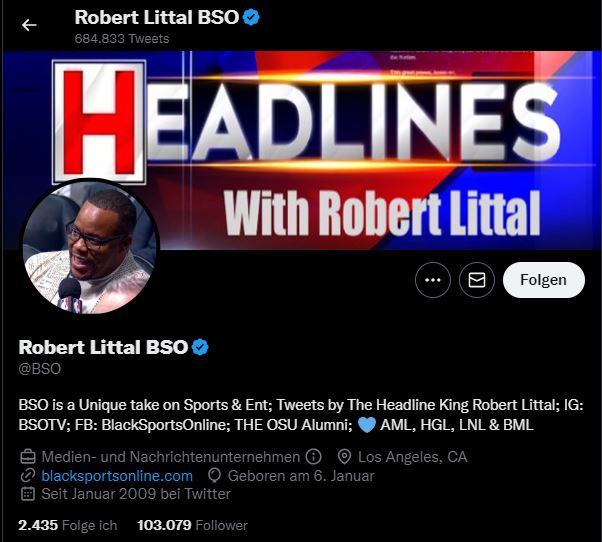 Twitter-Profil von Robert Littal, der die Rechte von Backgrid mehrfach verletzt hat