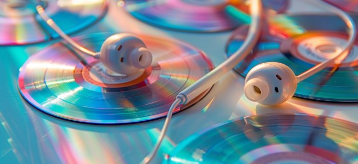 Weiße Kopfhörer liegen auf einem Stapel bunter, reflektierender CDs