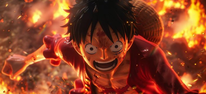 Eine von Flammen umgebene Anime-Figur