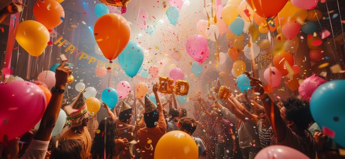 Eine lebhafte Geburtstagsfeier mit bunten Luftballons, Konfetti und fröhlichen Gästen