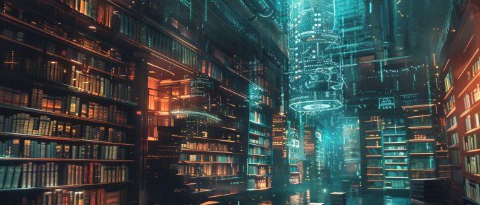 Vision einer futuristischen, neonbeleuchteten Bibliothek inmitten unzähliger Bücherregale