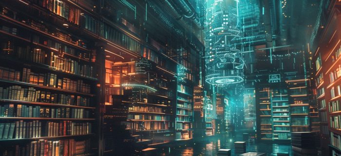 Vision einer futuristischen, neonbeleuchteten Bibliothek inmitten unzähliger Bücherregale