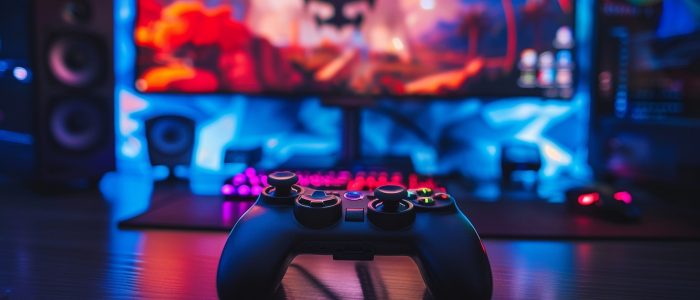 Nahaufnahme eines Gaming-Controllers im Vordergrund mit einem beleuchteten, animierten Gaming-Setup im Hintergrund