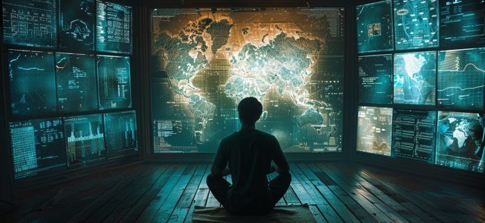 Person im Schneidersitz vor wandgroßer Weltkarte, umgeben von mehreren Datenmonitoren
