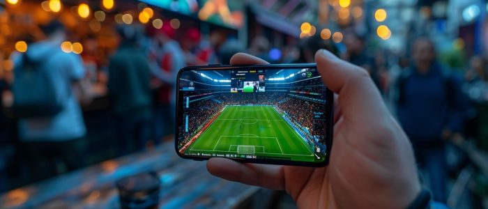 Jemand hält in einer Bar ein Smartphone hoch, auf dem ein Fußballspiel live übertragen wird