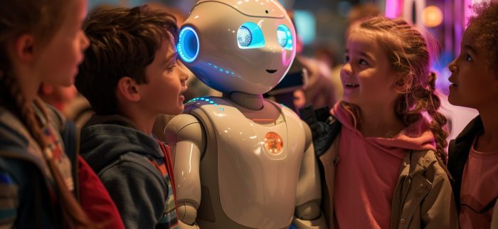 Neugierige Kinder scharen sich um einen freundlichen Roboter