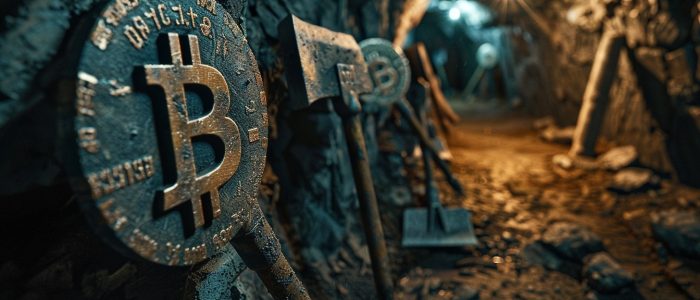 Eine symbolische Darstellung des Bitcoin-Minings in einem schwach beleuchteten unterirdischen Tunnel mit Werkzeugen