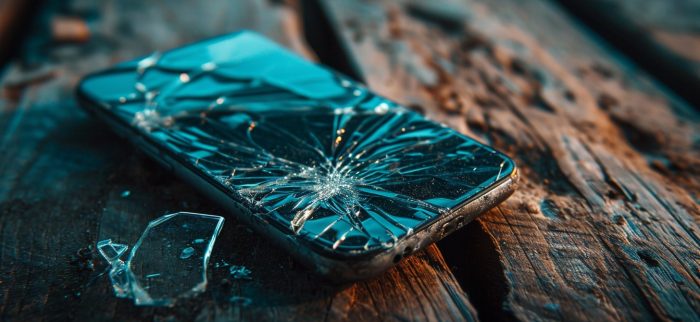 Ein Smartphone mit zerbrochenem Display liegt auf rustikalen Holzbrettern