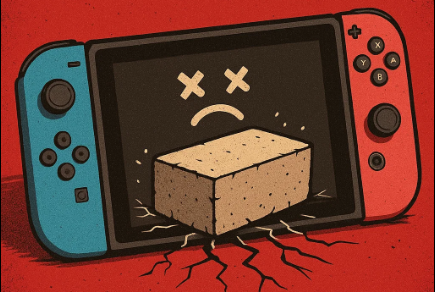 Eine modifizierte Switch mit traurigem Gesicht und Ziegel-Symbol – Sinnbild für die neue EULA-Politik von Nintendo.