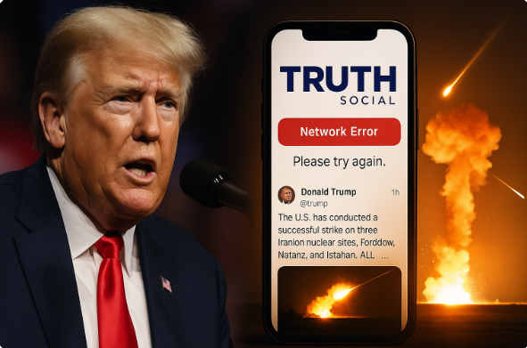 Trumps Worte zünden – Raketen fliegen, Server brechen ein. Truth Social versagt im Moment der maximalen Aufmerksamkeit.