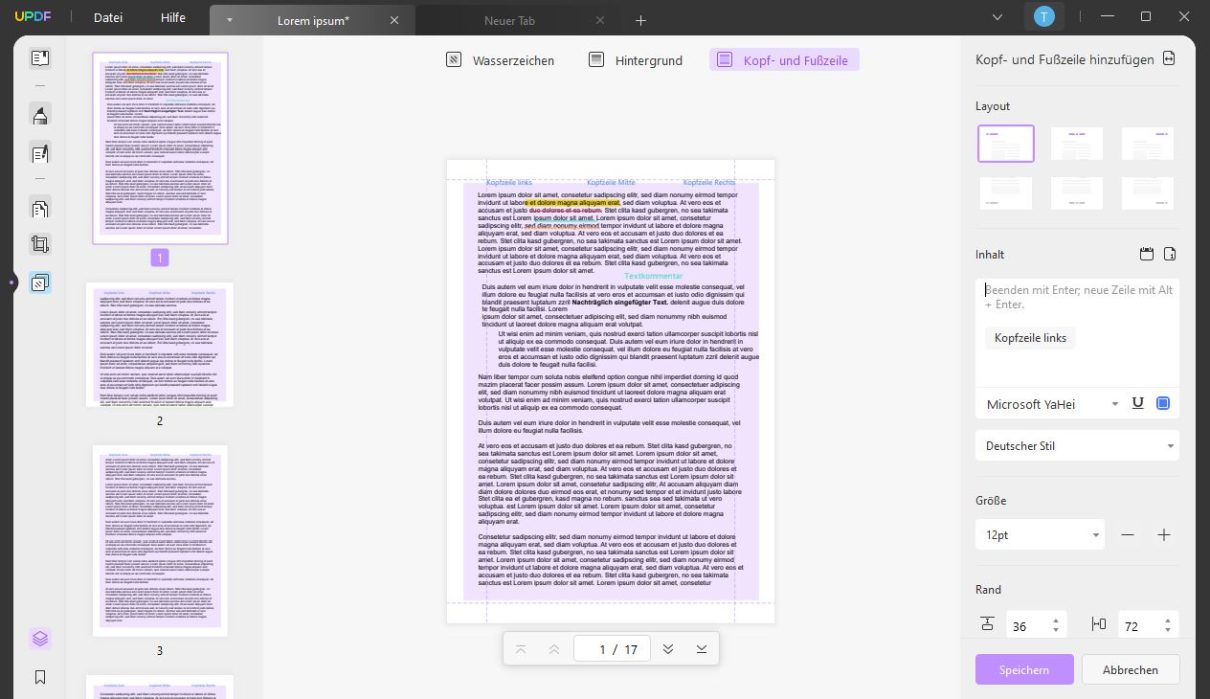 Ein PDF mit transparent-violettem Hintergrund und Kopfzeilenelementen