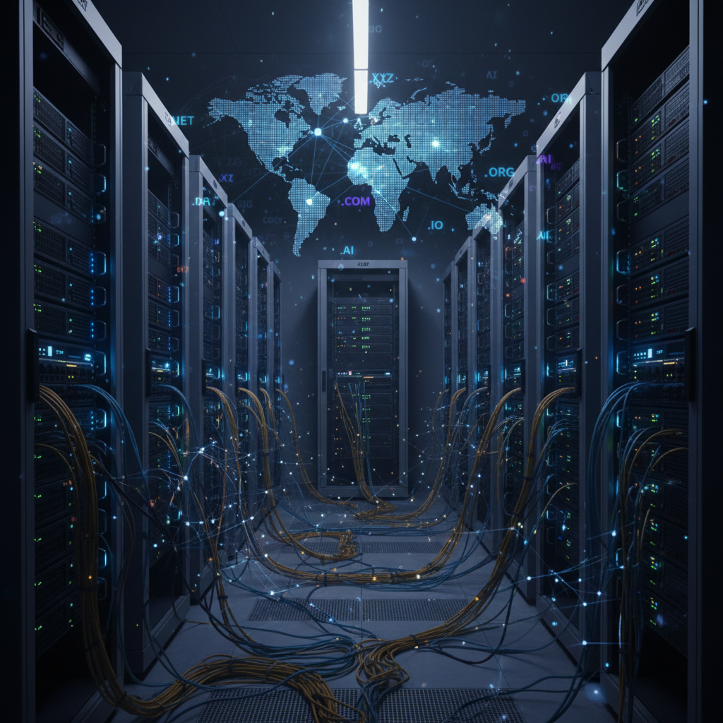 Dunkler Serverraum mit leuchtenden LEDs, Verkabelung und einer visuellen Überlagerung eines weltweiten digitalen Netzwerks mit Domain-Verbindungen.