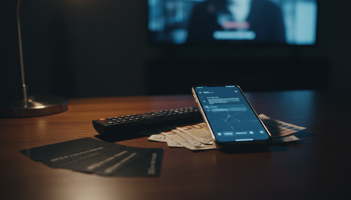 Ein Smartphone mit geöffneter Messenger-App, Euro-Geldscheine, eine TV-Fernbedienung und Prepaid-Gutscheinkarten liegen auf einem dunklen Schreibtisch vor einem unscharf blau leuchtenden Fernseher.