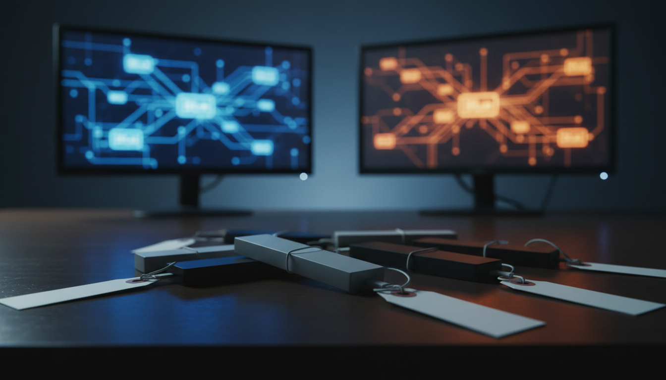 Illegale IPTV-Streams Ermittlung mit beschlagnahmten Streaming-Sticks und Beweismitteln auf einem Ermittlerschreibtisch