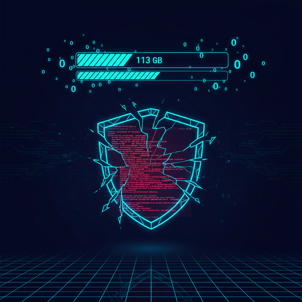 Cyberpunk-Illustration zur GTA VI Fake-ISO: Eine schwebende ISO-Disc mit Schadcode-Befehlen, bedrohlichem Malware-Gesicht und digitalen Nullen auf dunklem Hintergrund.