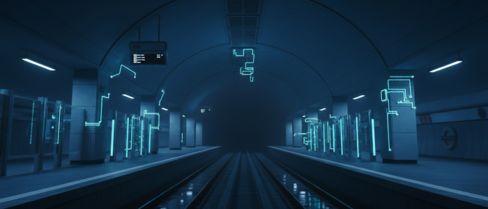 Dunkle Londoner U-Bahn-Station mit digitalen Netzwerkverbindungen und Datenströmen als Symbol für einen Cyberangriff durch die Hackergruppe Scattered Spider.