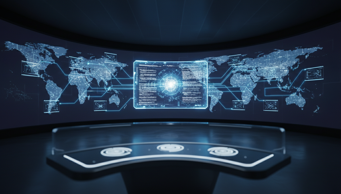 Visualisierung einer künstlichen Intelligenz, die weltweit Server und eine digitale Infrastruktur automatisiert verwaltet.