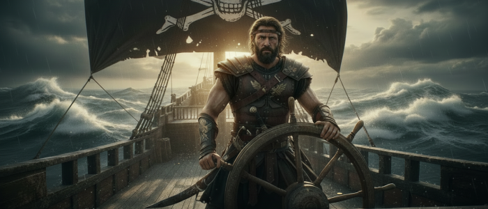Heroischer Odysseus am Steuerrad eines antiken Piratenschiffs in stürmischer See, mit einer markanten Totenkopf-Flagge im Hintergrund.