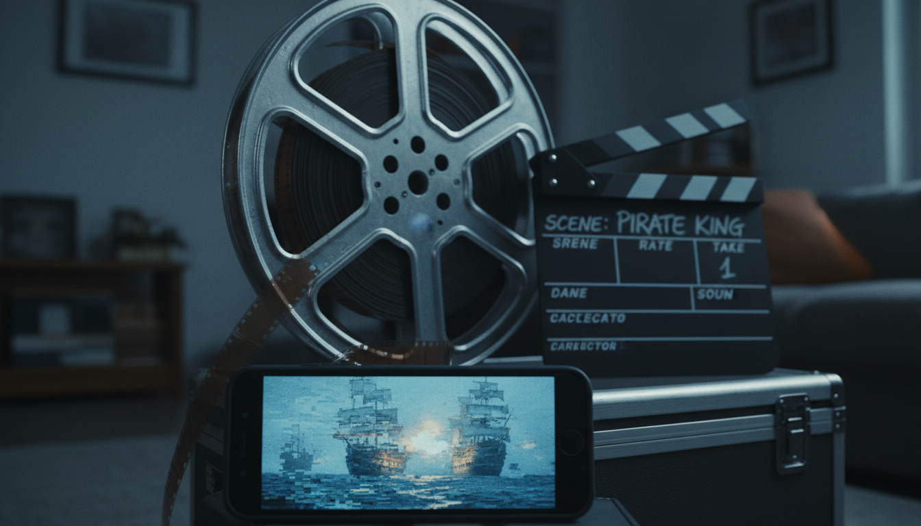 Nahaufnahme eines Smartphones, das eine Filmszene zeigt, vor einem unscharfen Hintergrund mit einer IMAX-Filmrolle und einer Filmklappe; kühle Beleuchtung durch das Display-Licht.