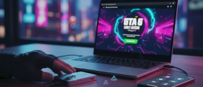 Dunkles Laptop mit unscharfer, neonfarbener Fake‑Landingpage zu „GTA 6 Early Access“, davor eine Hand mit Krypto‑Wallet und Smartphone mit Transfer‑Screen; stimmungsvolle Neonbeleuchtung, warnt vor Betrugsseiten, die Early‑Access zu GTA 6 gegen Kryptowährungen oder mit Malware versprechen.