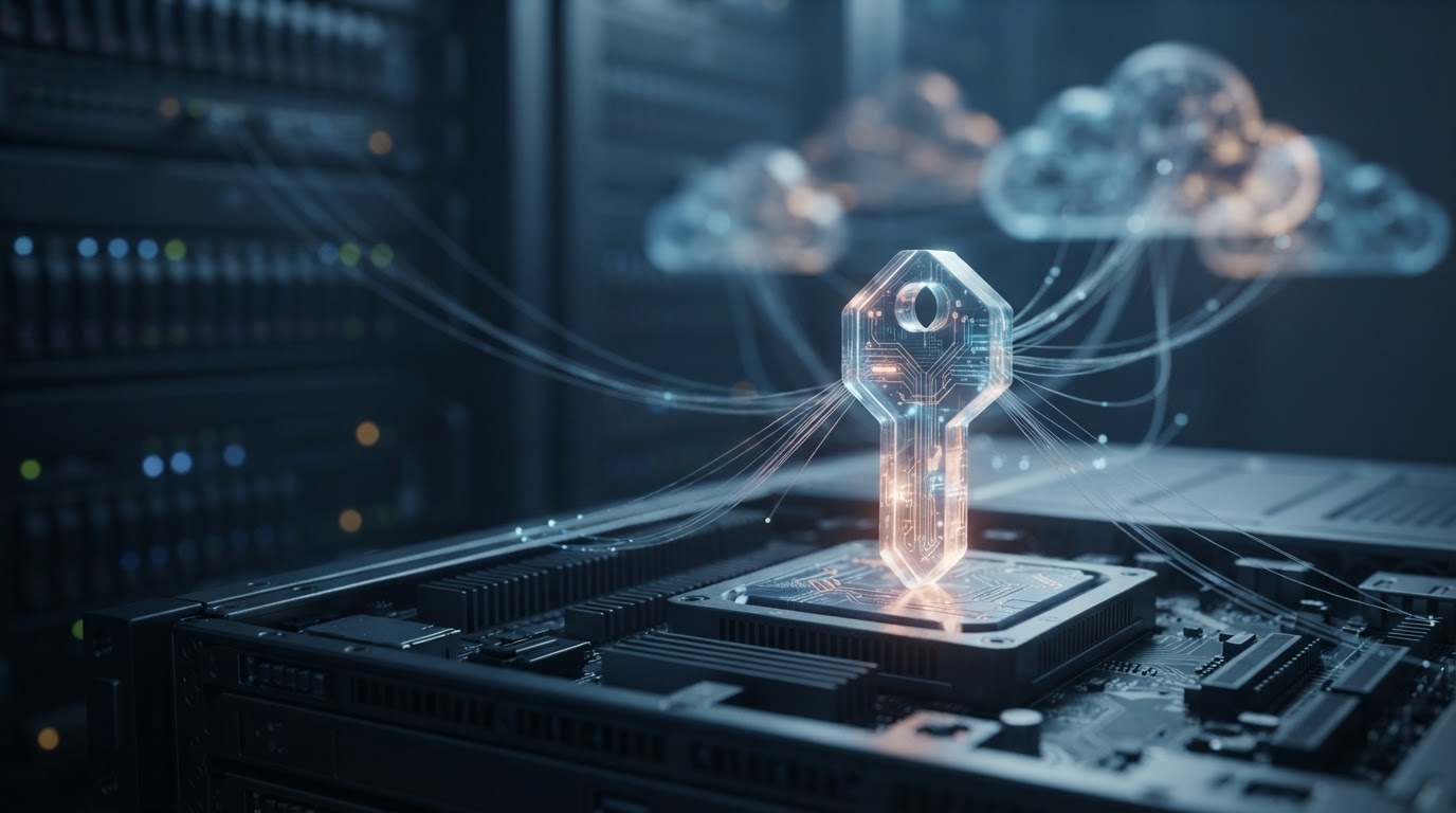 Editorial-Illustration eines transparent leuchtenden digitalen Sicherheitsschlüssels auf Server-Hardware, der über Lichtströme mit entfernten Cloud-Datenbanken verbunden bleibt.