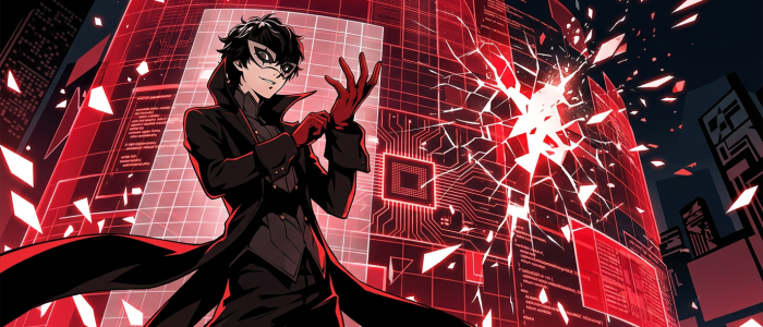 Persona-5-Royal-Charakter Joker vor einer digitalen Schutzbarriere als Symbol für den Hypervisor-Bypass und den Kampf gegen Denuvo.