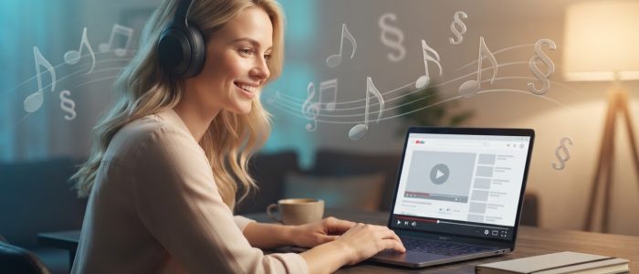 Hörbuch-Piraterie auf YouTube: Eine blonde Frau hört mit Kopfhörern am Laptop Hörbücher, während Musiknoten und Paragrafenzeichen um sie schweben.