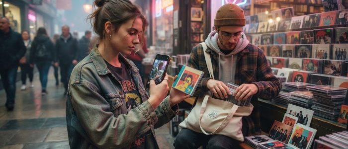 CD-Comeback 2026: Junge Käufer mit neu gekaufter CD und Sammlerstücken im Laden – physischer Besitz als Gegenbewegung zum Streaming.