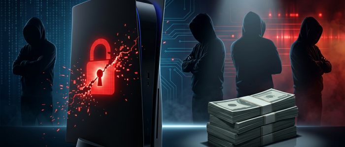 PS5-Jailbreak: Spielkonsole, Geldscheine und aufgebrochenes digitales Schloss als Symbol für Sonys 50.000-Dollar-Prämie und den Streit in der Jailbreak-Szene.