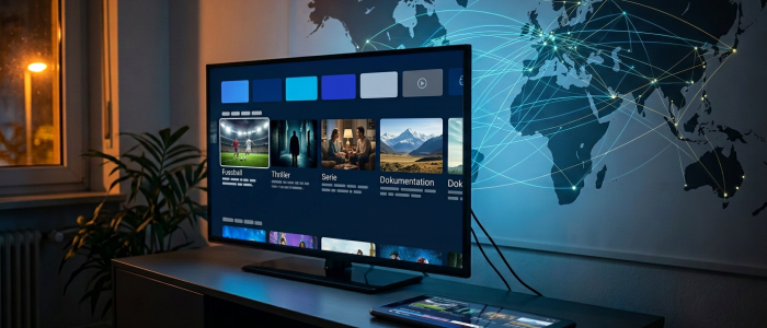Illegales IPTV: Fernseher mit zahlreichen Streaming-Angeboten als Symbol für den internationalen Piraten-Streamingmarkt.