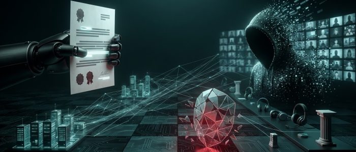Illustration in dunklen Blau- und Rottönen: Eine Kette leuchtender Kryptowährungstransaktionen zieht sich durch ein digitales Netzwerk, während eine forensische Lupe den Spuren zu einer anonymen Silhouette hinter Verschlüsselungsschichten folgt. Im Hintergrund sind Bruchstücke eines Gerichtsdokuments, Vorladungspapiere und ein Gaming-Monitor zu sehen.