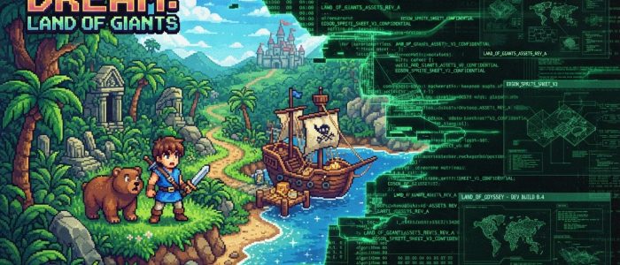 Project Dream Leak: Illustrative Darstellung des verschollenen SNES-Prototyps von Rare mit digitale Leak-Elementen und dem Schriftzug Dream Land of Giants.