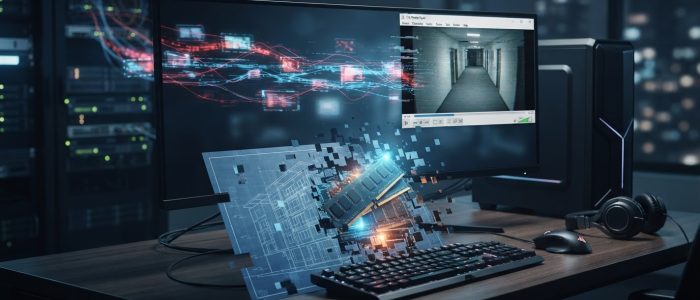 VLC-Sicherheitslücken: Desktop-Computer mit geöffnetem VLC Media Player, davor eine zerfallende PNG-Datei mit digitalen Artefakten und sichtbaren Speicherfragmenten, im Hintergrund eine kompromittierte RTSP-Datenverbindung – fotorealistische Darstellung von Speicherkorruption und Datenlecks in düsterer Newsroom-Ästhetik.