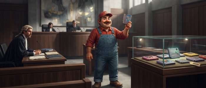 Symbolbild zur Switch-Piraterie: Eine an einen Videospiel-Held angelehnte Figur vor einem Richterpult mit Beweismitteln zur Umgehungshardware.