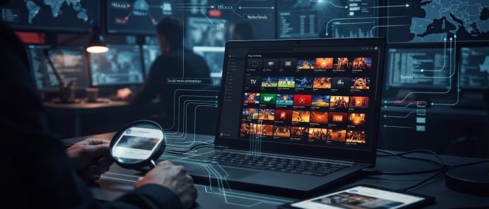 Streaminghub offline: Laptop mit buntem illegalem Streaming-Interface im Vordergrund, im Hintergrund digitale Ermittlungsspuren und Verbindungslinien als Symbol für die BREIN-OSINT-Recherche.