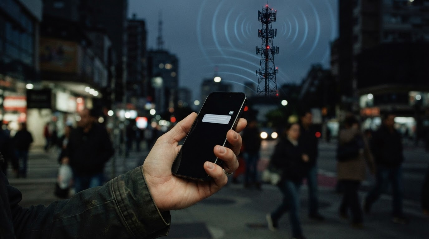 Smartphone in einer Hand vor urbanem Hintergrund, verbunden mit einem Mobilfunkmast - Symbolbild für SMS-Blaster und Smishing über ein gefälschtes Mobilfunknetz.
