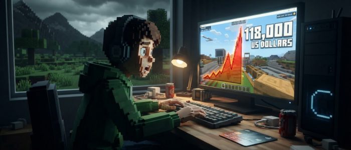 Minecraft-Videos auf YouTube werden zum finanziellen Albtraum: Junge beim Zocken am PC, auf dem Monitor ein Werbekosten-Diagramm mit rund 118.000 US-Dollar, daneben eine Firmenkreditkarte – blockiger Minecraft-Stil, dunkle Landschaft im Hintergrund.
