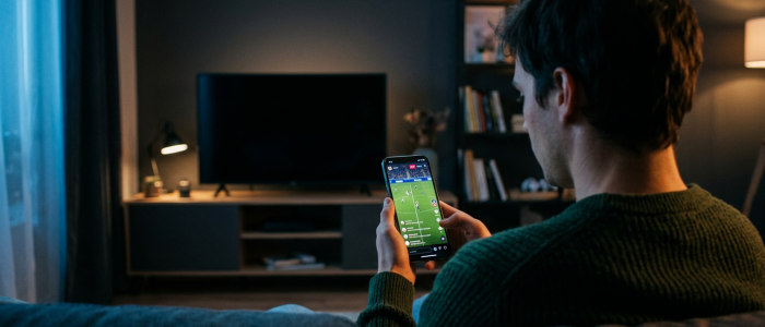 Person streamt Live-Sport auf dem Smartphone: Moderne Streaming-Piraterie verlagert sich zunehmend in Social-Media-Feeds.