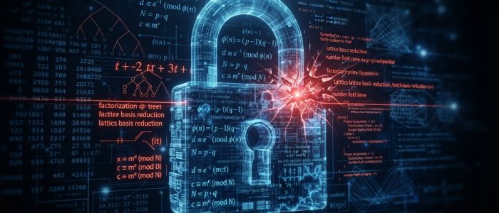 Breites Titelbild zu einem RSA-Angriff auf digitale Signaturen: Ein digitales Vorhängeschloss wird in realistischer 3D-Darstellung durch abstrakte mathematische Strukturen, kryptografische Formeln und komplexe Berechnungen visuell aufgebrochen, vor dunklem Hintergrund mit blauen Lichtakzenten.