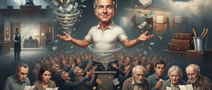 Anlagebetrug mit dem „Schwarm“: Karikatur eines Investmentnetzwerks mit Anlegern, Geld und Luxus im Hintergrund