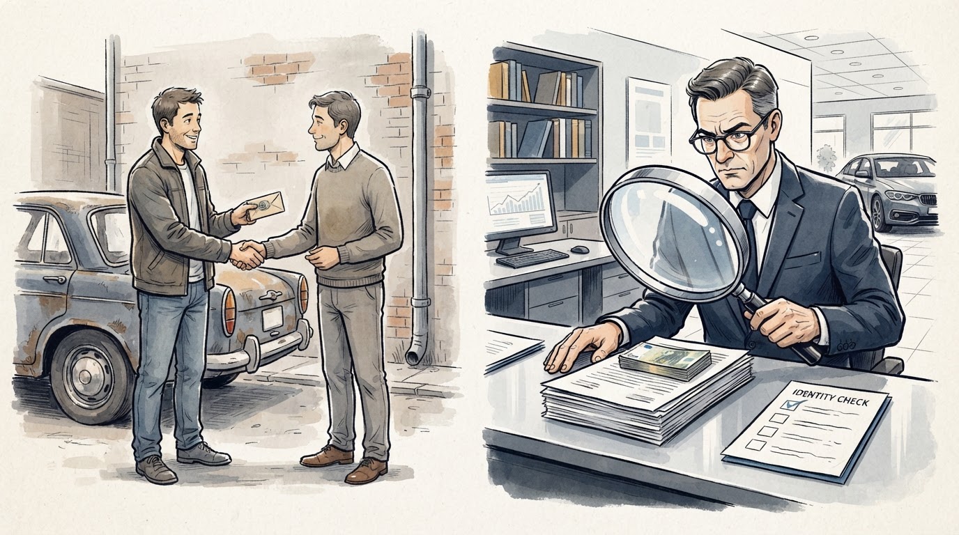 Illustration zum Unterschied bei der Bargeld-Obergrenze ab 2027: Privater Autokauf per Handschlag im Vergleich zu behördlichen Kontrollen beim gewerblichen Händler.